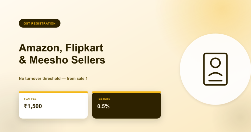 GST registration for Amazon Flipkart and Meesho sellers, flat fee 1500
